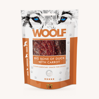 Woolf Big Duck and Carrot Bone soft dog treats, 100g pack