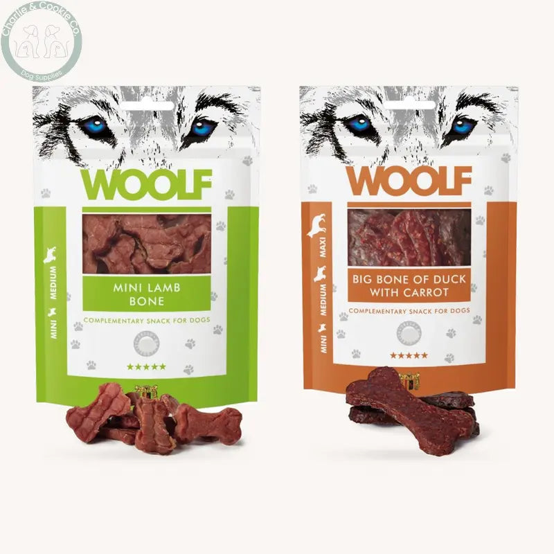 Woolf Mini Lamb Bone and Big Duck and Carrot Bone 100g packs, each with its matching soft treats in front