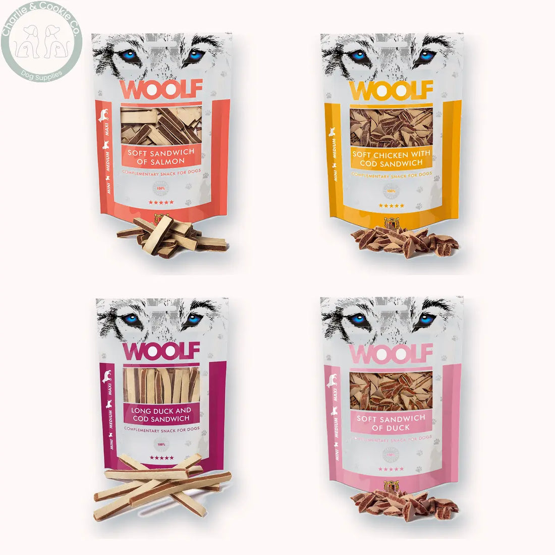 All four Woolf Soft Sandwich 100g recipes together, each with its own softly blurred depth shadow