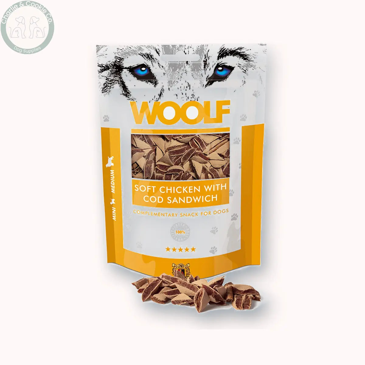 Woolf Soft Chicken with Cod Sandwich 100g with softly blurred depth shadow