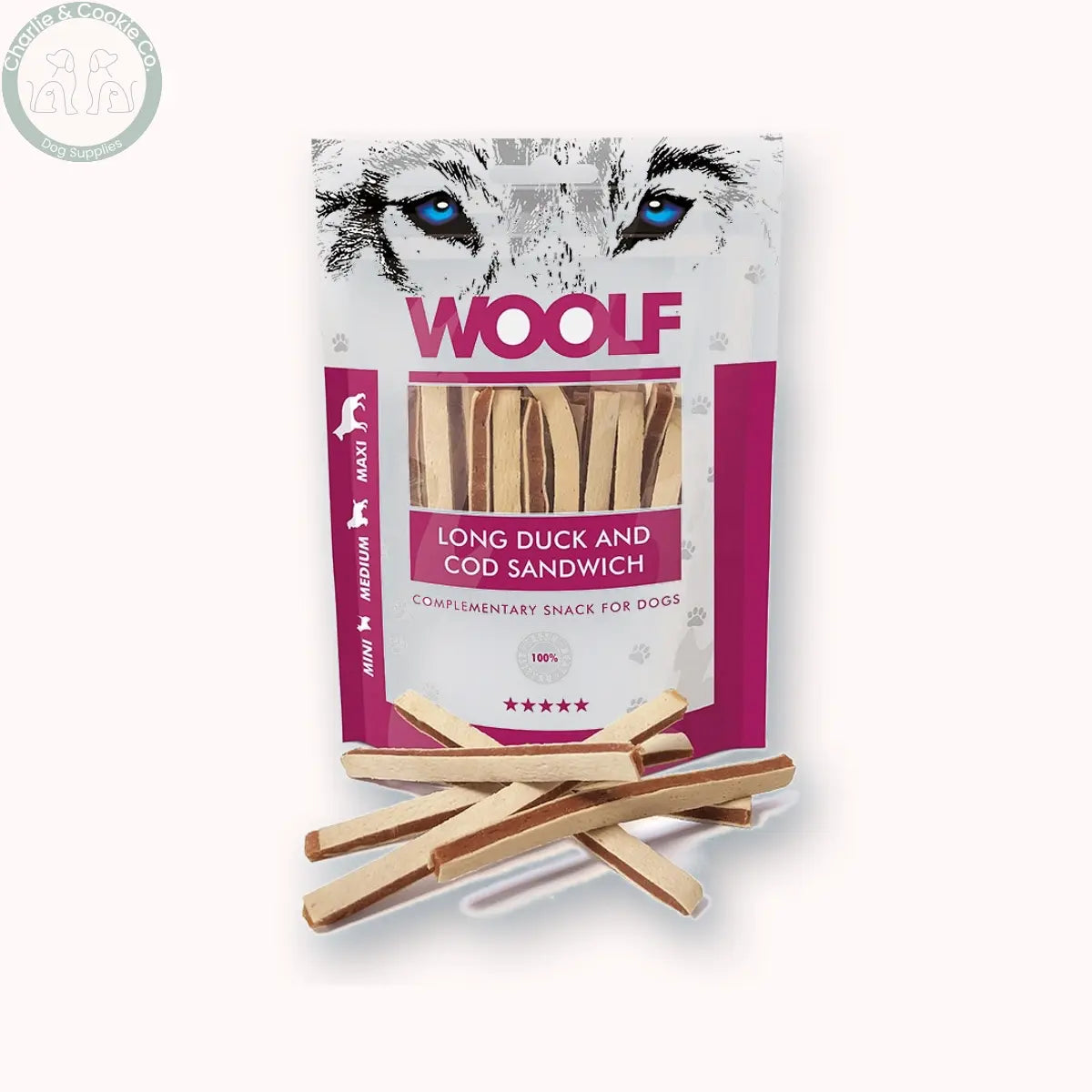 Woolf Long Duck and Cod Sandwich 100g with softly blurred depth shadow