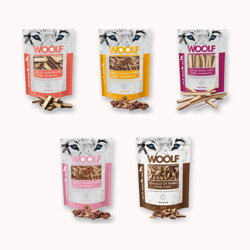Woolf Soft Sandwich 100g packs in all five recipes, including Rabbit and Cod Triangles