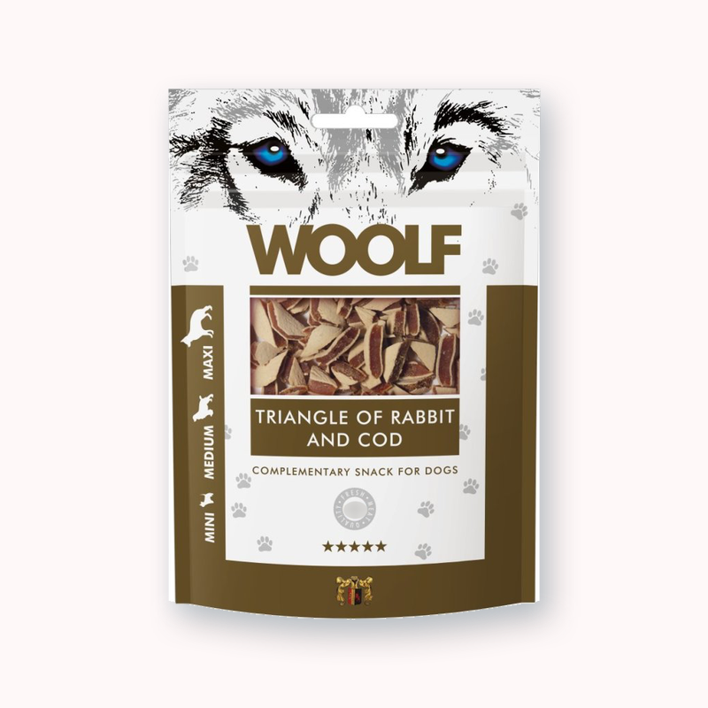 Woolf Rabbit and Cod Triangle soft sandwich dog treats, 100g pack