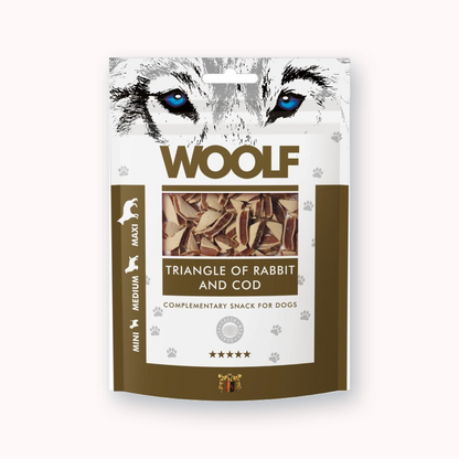 Woolf Rabbit and Cod Triangle soft sandwich dog treats, 100g pack