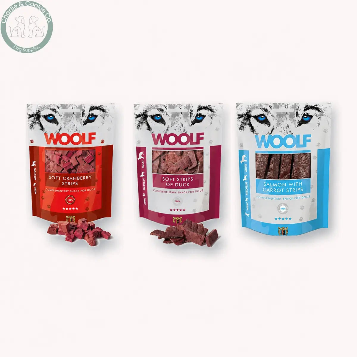 All three Woolf Soft Strips 100g recipes together, aligned at matching pack size