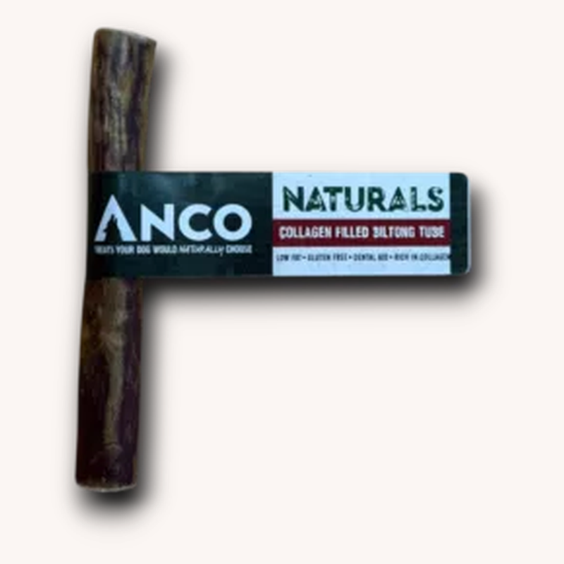 Anco Collagen Filled Biltong Tube, medium beef chew with manufacturer label