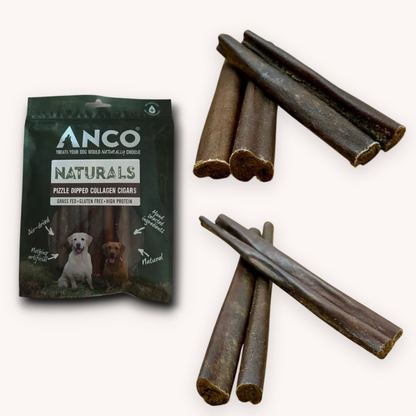 Anco Pizzle Dipped Collagen Cigars: 150g bag and representative medium and large chews