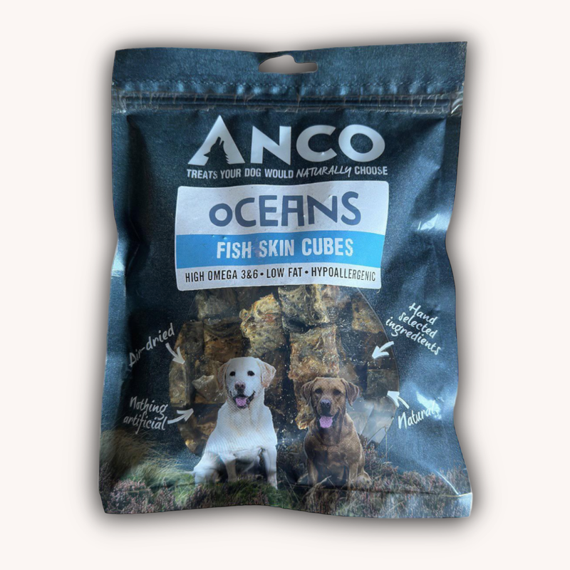 Anco Oceans Fish Skin Cubes 100g pack showing the crunchy fish-skin treats