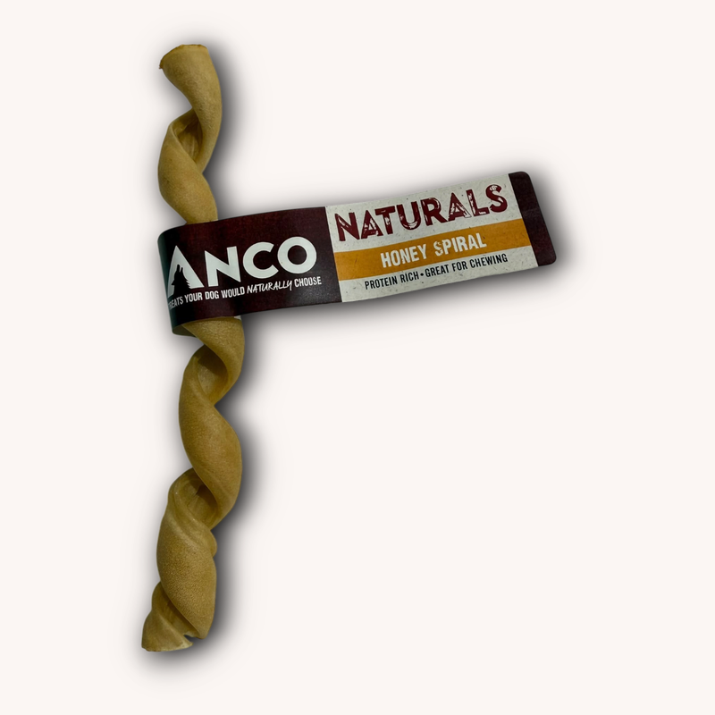 Anco Naturals Honey Spiral beef-skin dog chew with its flavour band