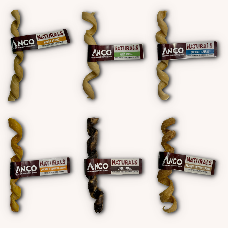 Six Anco Naturals Spirals: Honey, Mint, Coconut, Chicken and Turmeric, Liver, and Peanut Butter