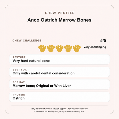 Anco Ostrich Marrow Bones chew profile, Original and With Liver: challenge 5 out of 5, very challenging; very hard natural bone, with dental caution.