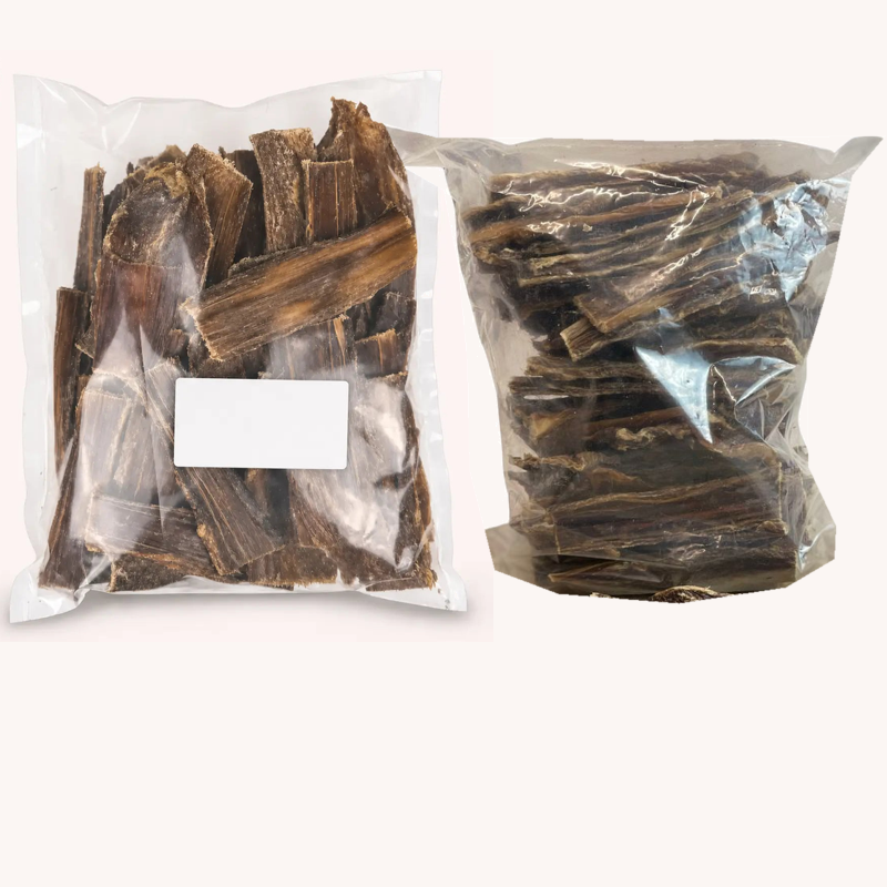 Paddock Farm beef and buffalo flat gullet dog chews in two clear 1kg packs