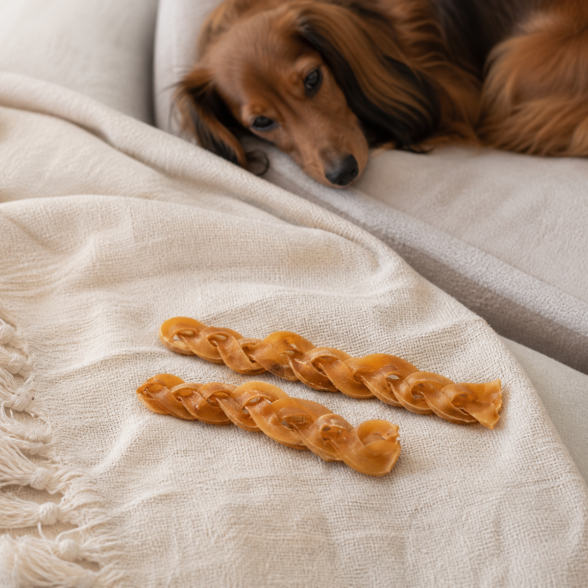 JR Pet Products Braided Camel Skin chews beside a long-haired Dachshund