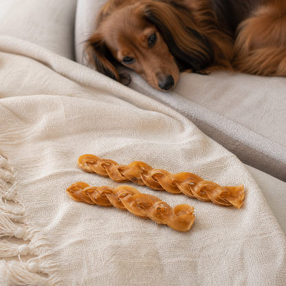 JR Pet Products Braided Camel Skin chews beside a long-haired Dachshund