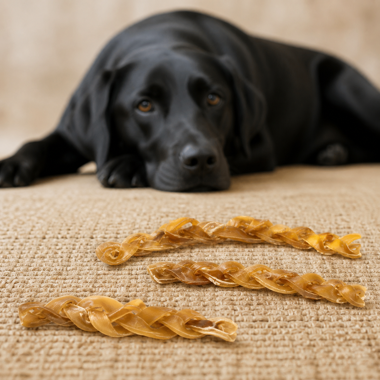JR Pet Products Braided Camel Skin chews beside a black Labrador