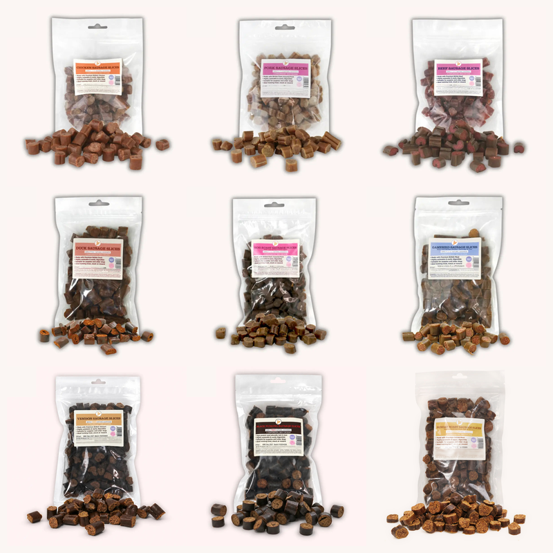 JR Pet Products Sausage Slices 250g pouches in nine recipes, including Sunday Roast