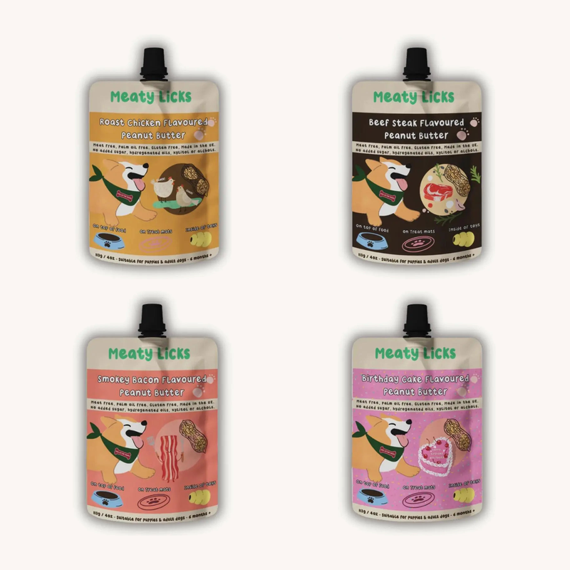 Meaty Licks 113g pouches in Roast Chicken, Beef Steak, Smokey Bacon and Birthday Cake flavours