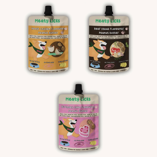 Meaty Licks 113g pouches in Roast Chicken, Beef Steak and Birthday Cake flavours