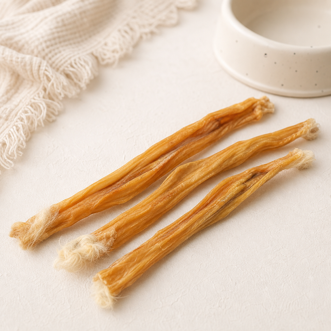 JR Pet Products Rabbit Skin with Hair — long natural strips in a dog-treat setting