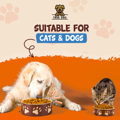 True Dog salmon oil manufacturer graphic showing a dog and cat beside their meals