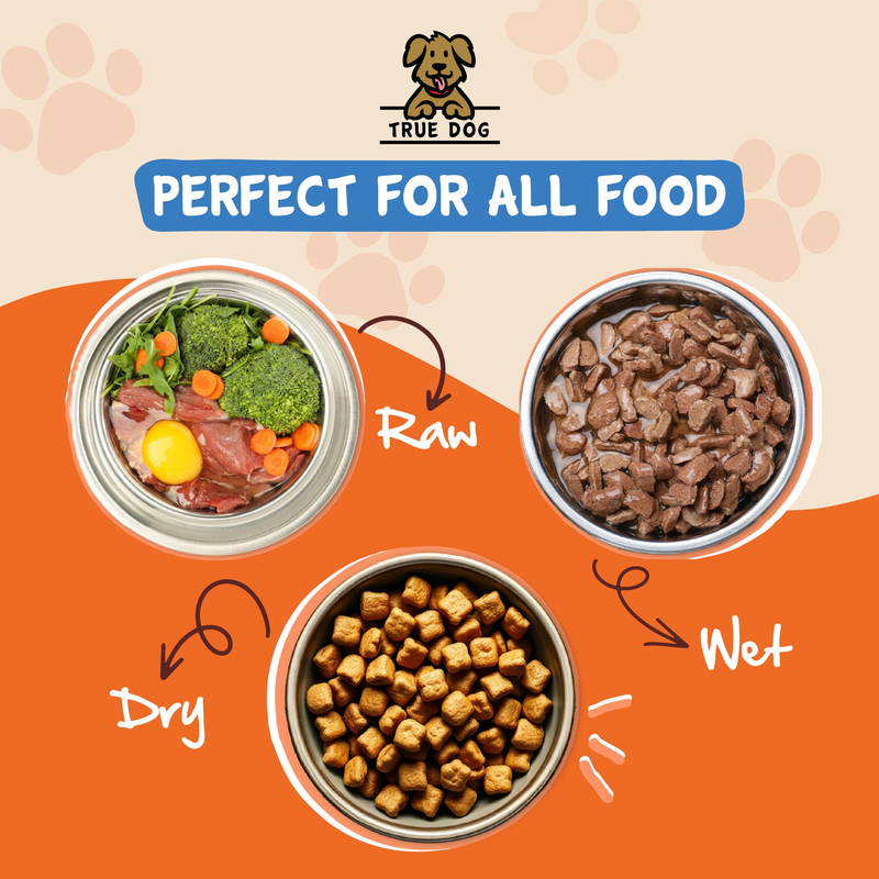 True Dog salmon oil manufacturer graphic showing raw, dry and wet food