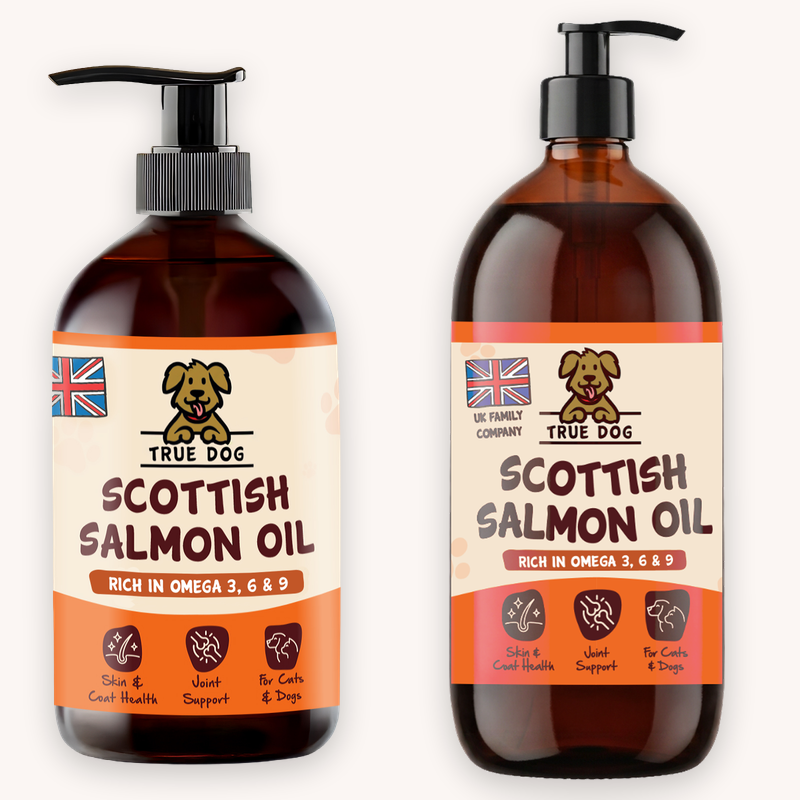 True Dog Scottish salmon oil in 500ml and 1L pump bottles