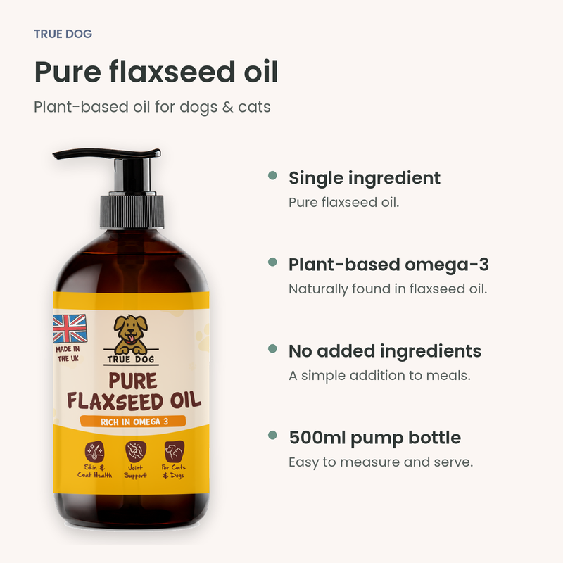 True Dog Flaxseed Oil 500ml with single-ingredient and pump-bottle information