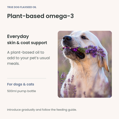 True Dog flaxseed oil omega-3 information beside a golden retriever