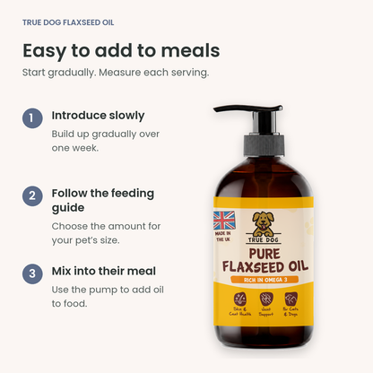 True Dog Flaxseed Oil 500ml with a three-step guide to introducing and serving the oil