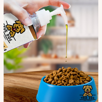 True Dog flaxseed oil being pumped onto a bowl of dry pet food