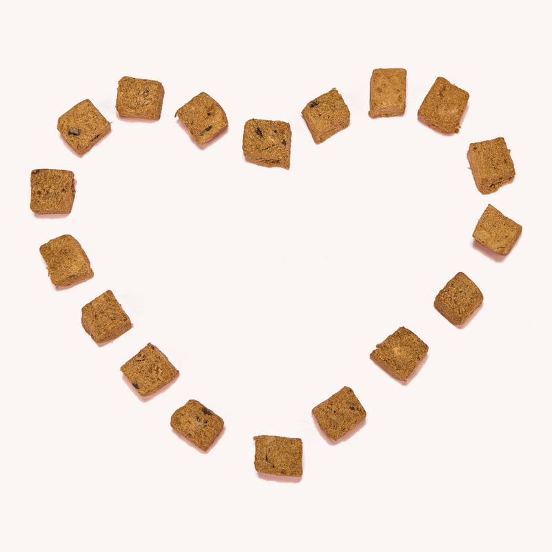 Waita Lamb, goat milk and blueberry cubes arranged in a heart