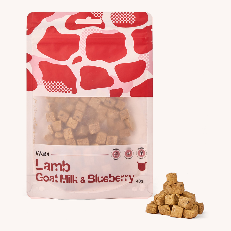 Waita Lamb, Goat Milk &amp; Blueberry Cubes 40g pouch with matching loose cubes