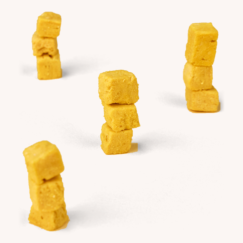 Waita Chicken egg yolk cubes arranged in stacks