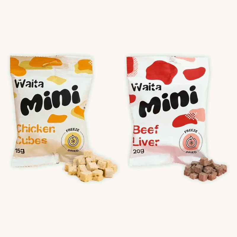 Waita Mini Chicken Cubes 15g and Beef Liver Cubes 20g pouches with loose freeze-dried treats