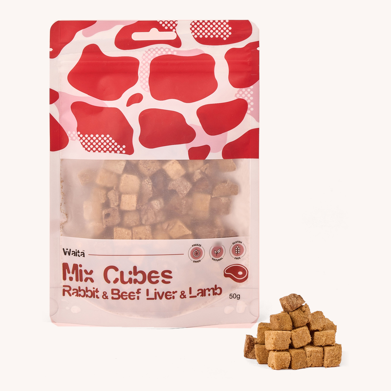 Waita Rabbit, Beef Liver &amp; Lamb Cubes 50g pouch with matching loose cubes