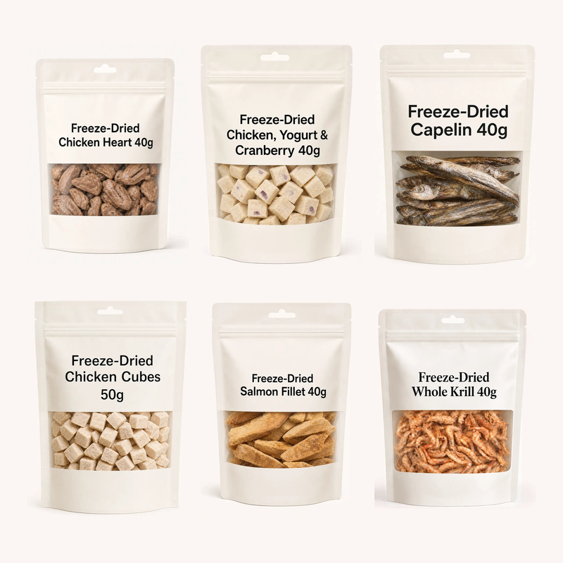 Waita plain-packaged freeze-dried treats: Chicken Heart, Chicken Yogurt &amp; Cranberry, Capelin, Chicken Cubes, Salmon Fillet and Whole Krill